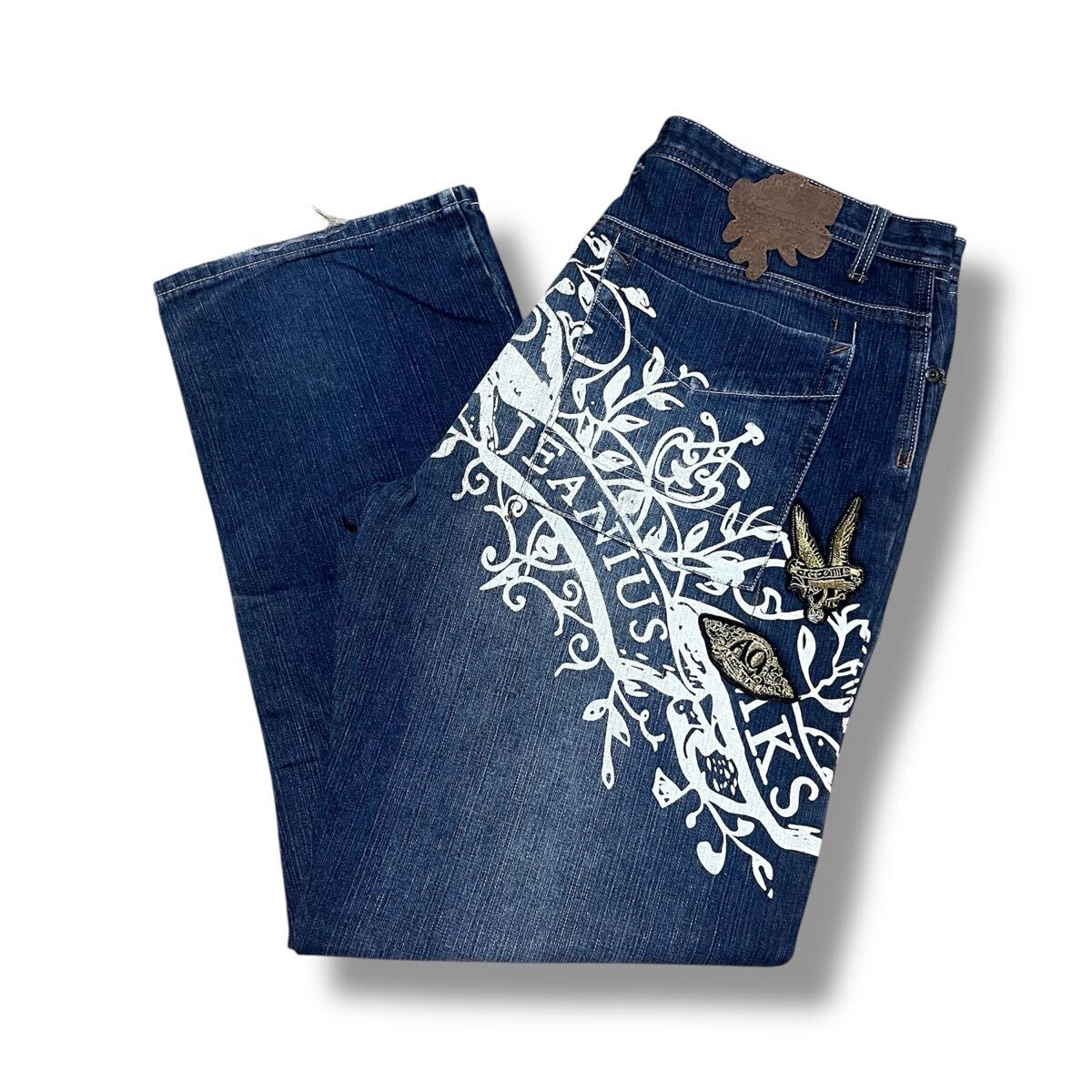 アカデミクス ペイント レザーパッチ バギーデニム 00s 値引可 akademiks バギーパンツ ペイント 金刺繍パッチ デニム ジーンズ 当時物拍卖