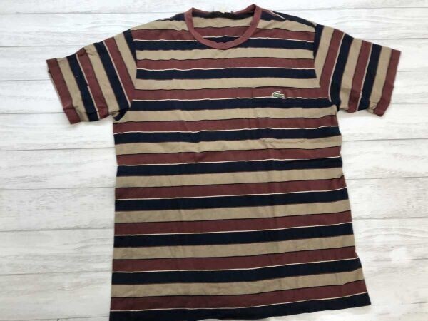 ラコステ LACOSTE SPORT レトロ フレンチ トラッド スポーツ マルチボーダー 胸ポケット ポケT 半袖Tシャツ メンズ コットン混合 L 茶系拍卖