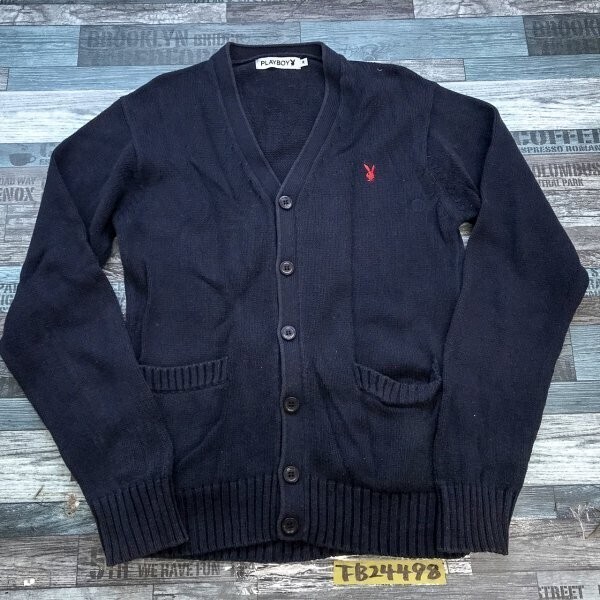 PLAYBOY プレイボーイ メンズ 綿100% ワンポイントロゴ刺繍 カーディガン M 紺拍卖