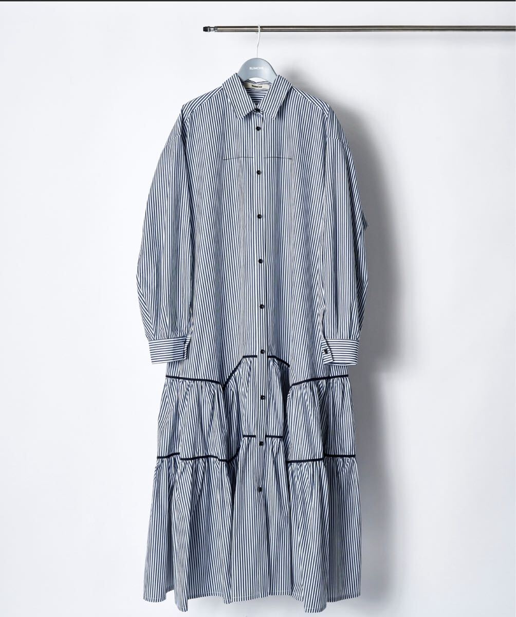 今期新品RUMCHE ラム・シェ ストライプパイピングギャザードレス (F)マキシワンピース拍卖