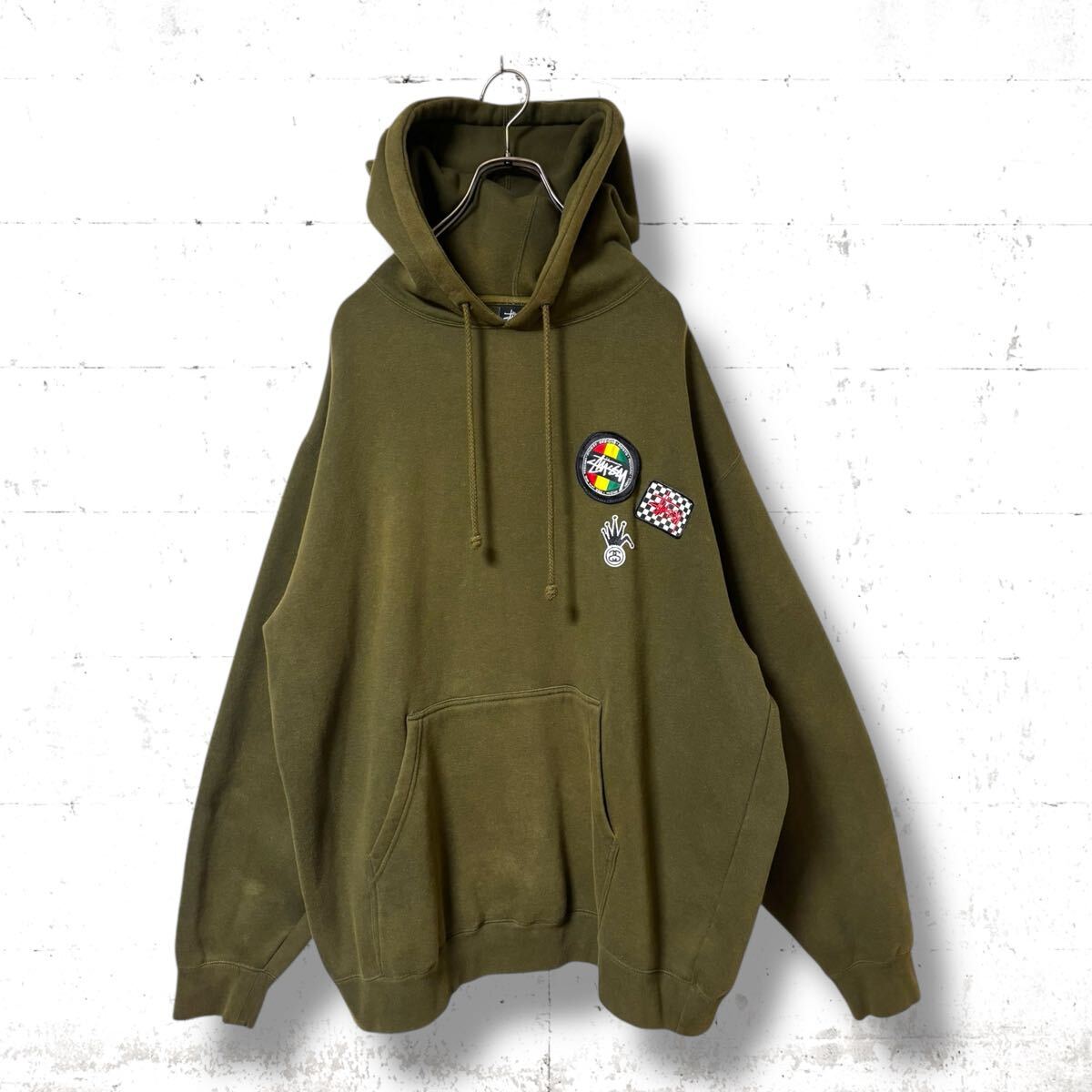 希少 USA製 STUSSY スウェット パーカー ワッペン ラスタ XL 90S アメリカ製 カーキ グリーン スカル サークル クラウン ステューシー拍卖