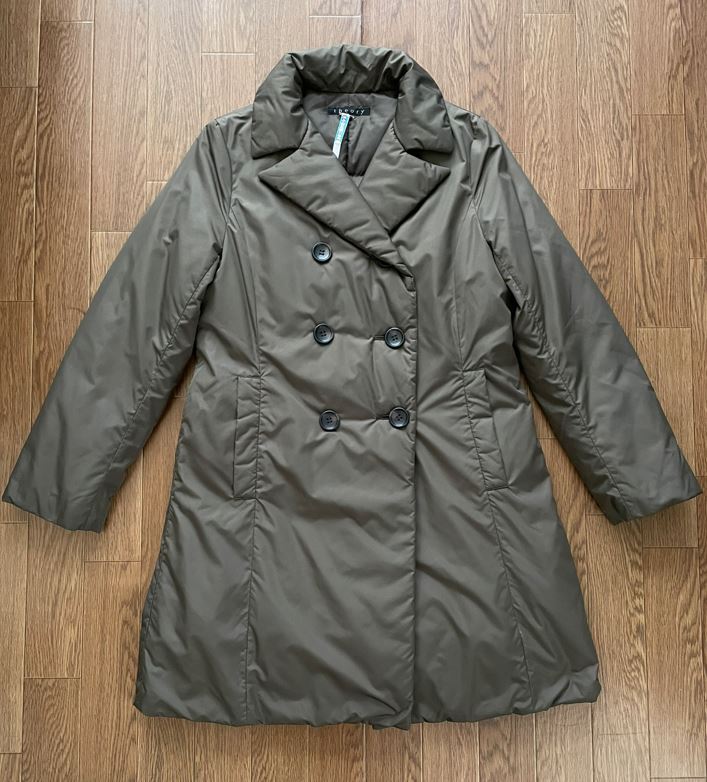 クリーニング済 theory セオリー ダウンコート Pコート オリーブ カーキ S拍卖