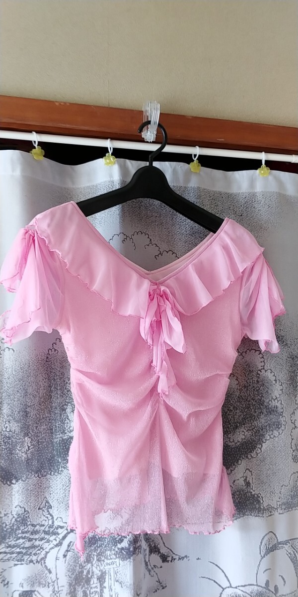 社交ダンス ピンク ラメ フリル シースルートップス ダンス拍卖