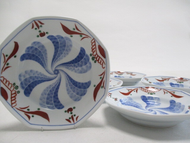 和陶器 染付 手描き赤絵 八角皿 14cm 5枚/ 中皿 盛り皿 プレート拍卖