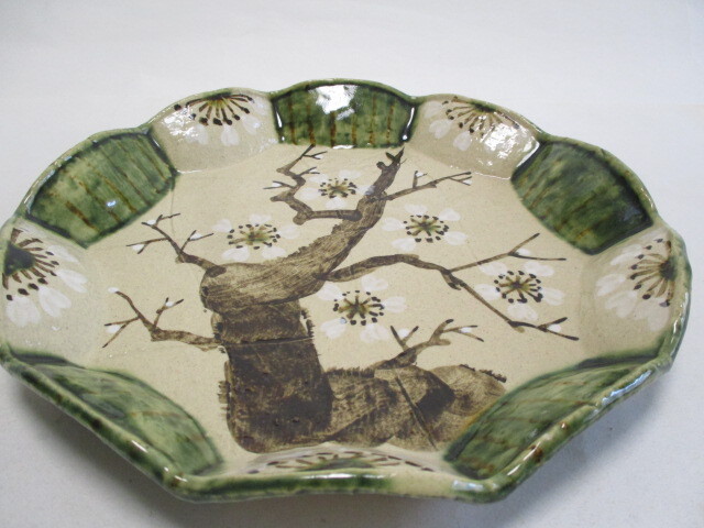 和陶器 織部 手描き鉄絵梅 盛り皿 27cm 1個 大皿 刺身皿 拍卖