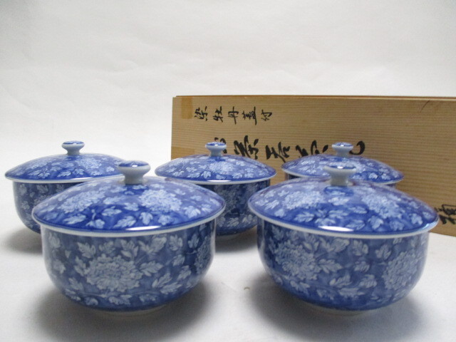 たち吉 染牡丹蓋付き湯呑 5個 / 湯飲み 茶器 湯呑拍卖