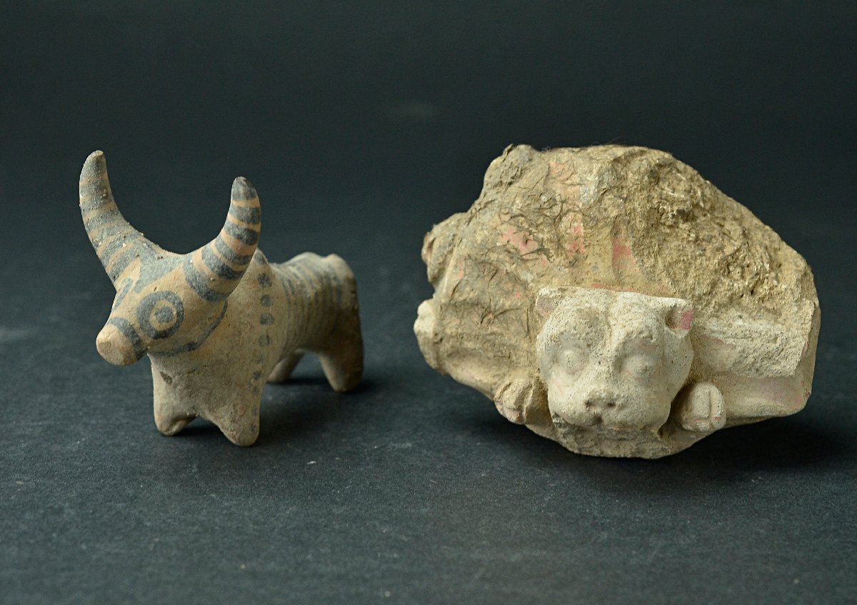 【YB】紀元前25世紀~15世紀頃 古代インダス文明 彩絵コブウシ土器・獅子レリーフ 2点まとめ ★古代オリエント古玩骨董25Y991拍卖