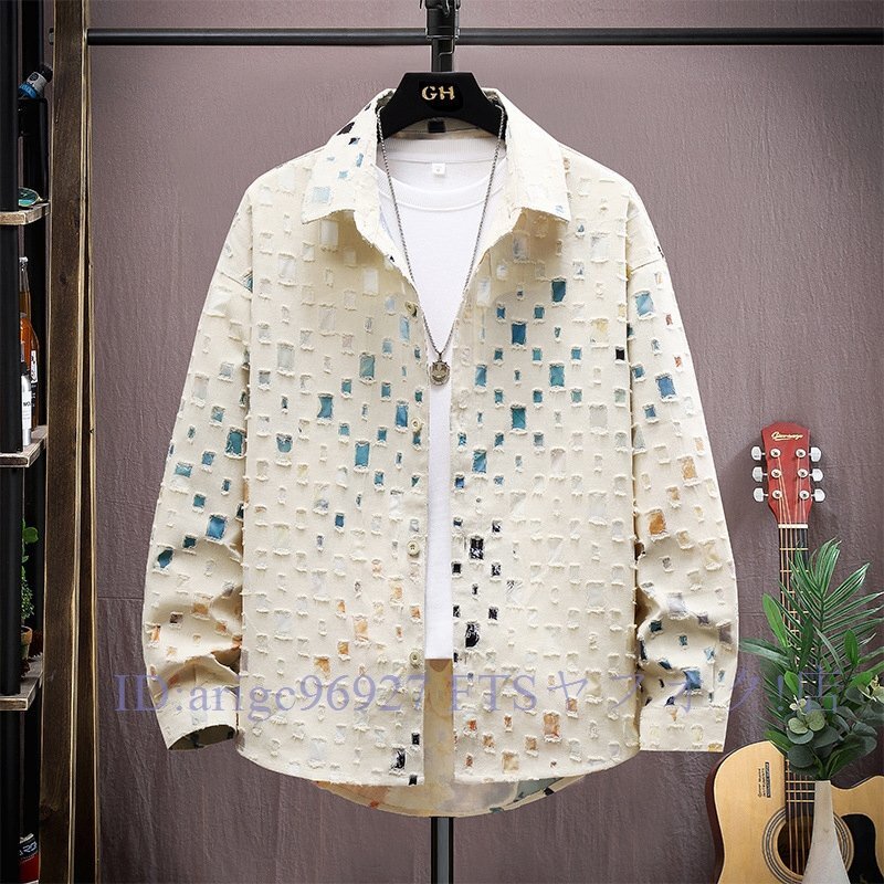 B1472☆新品春夏 長袖シャツ メンズ 個性 トップス ダメージ加工 トレンド オリジナル カジュアルシャツ スウェット おしゃれ XL~3XL拍卖