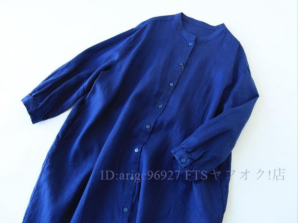 ★新品ロングワンピース リネン 綿麻 長袖 大きいサイズ カジュアル ゆったり 大人 無地 マキシ丈 シャツワンピース 紺色XL拍卖