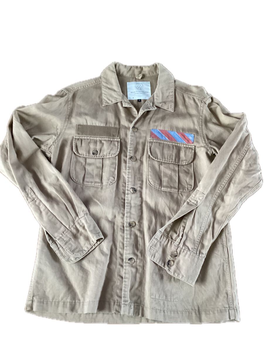 BEAUTY&YOUTH UNITED ARROWS ミリタリーシャツ ベージュ Mサイズ 綿麻シルク混 カジュアルジャケット風 長袖 メンズ拍卖