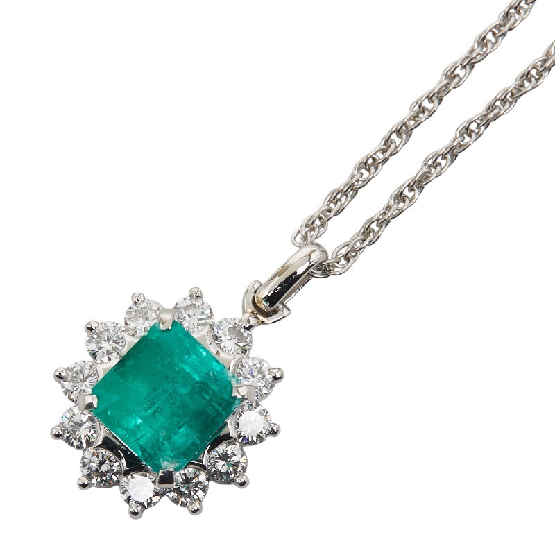 Pt900 プラチナ Pt850 プラチナ エメラルド2.22ct ダイヤ0.88ct ペンダントネックレス レディース 中古拍卖