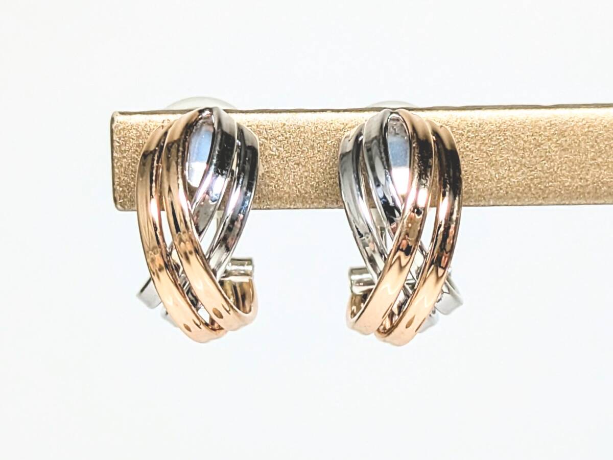 《宝商店》ピンクゴールド K18PG ホワイトゴールド K14WG クロスライン コンビネーションカラー クリップ式 イヤリング拍卖