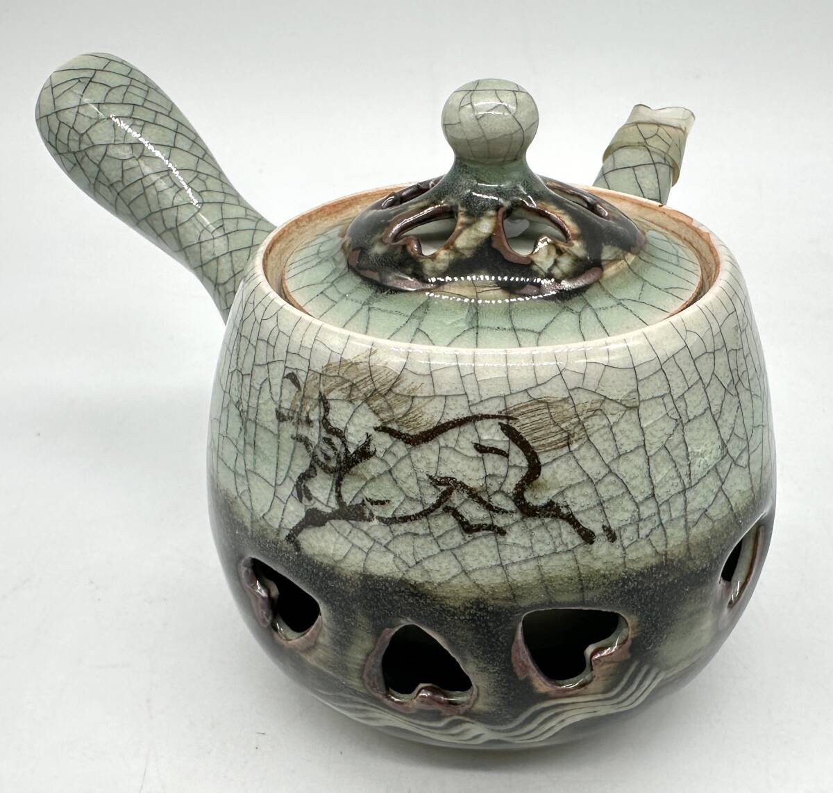 y2282E 相馬焼 急須 茶道具 煎茶道具 二重焼 青ひび 馬絵 走り馬 茶器 お茶 工芸品 長期保管品 現状品拍卖