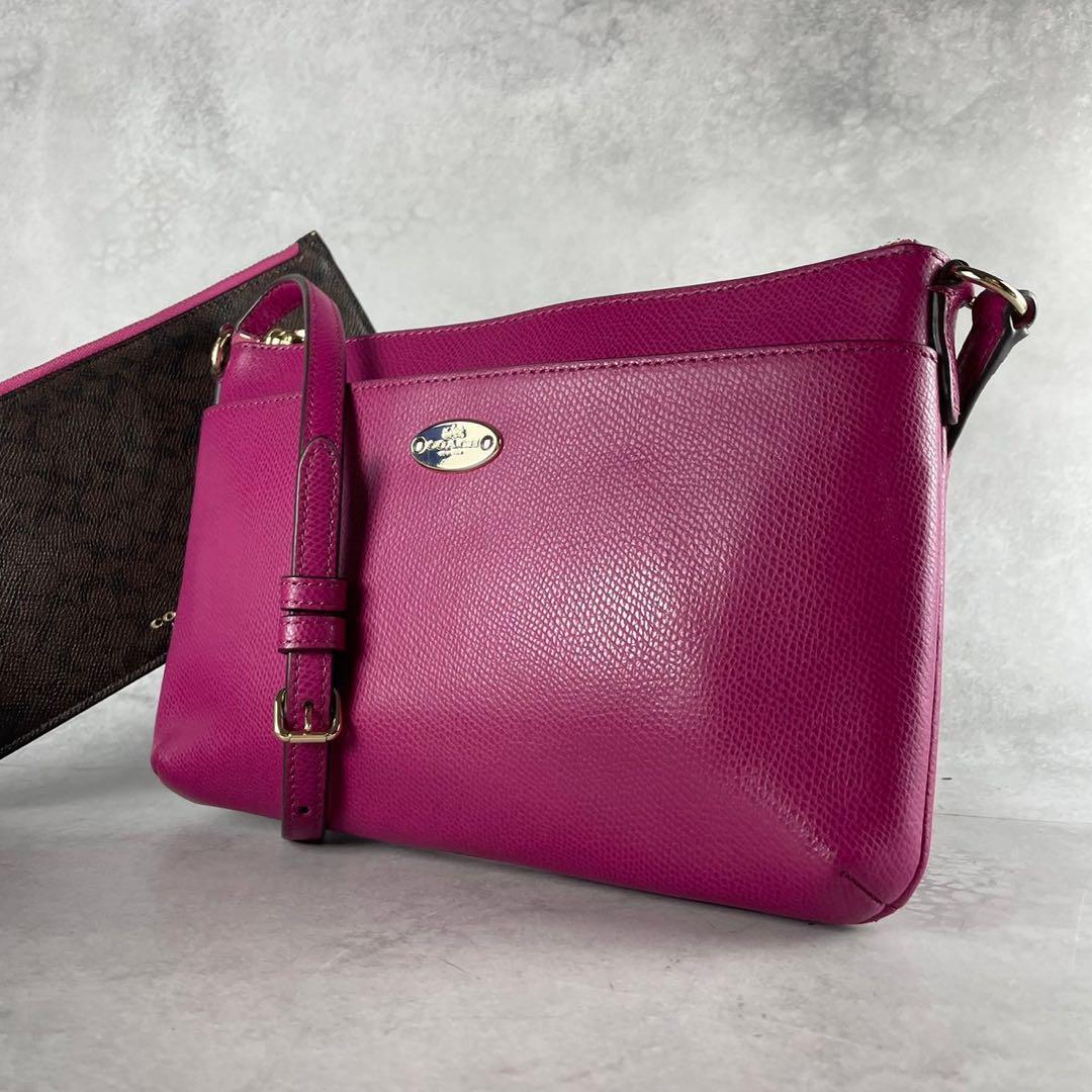 【送料無料】COACH コーチ レザー ショルダーバッグ 斜めがけ ポーチ付き ピンク拍卖