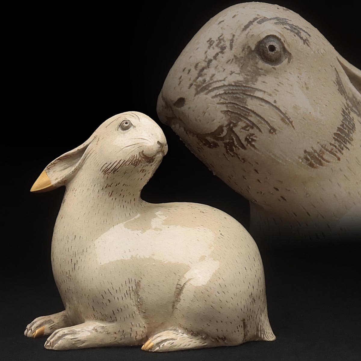 FD261 時代古陶 献上唐津「兎」置物 高17cm 木箱附「うさぎ / ウサギ / 干支卯」床置 床飾 古美術拍卖