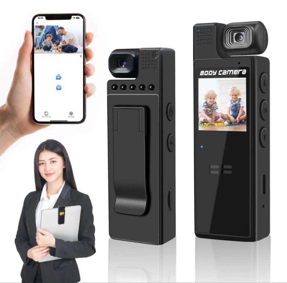 1.3インチ液晶画面 ビデオカメラ WiFi搭載 ボディカメラ ウェアラブルカメラ 防犯カメラ 赤外線LED 180度可動式レンズ拍卖