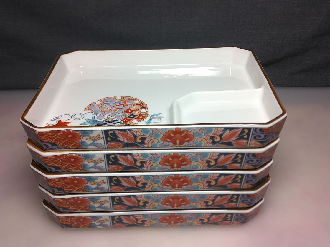 ◆刺身皿/長方形・仕切り皿/和食器/5枚(花モミジ蝶柄)・サイズ幅18.5㌢奥行14㌢高さ2.5㌢◆751拍卖
