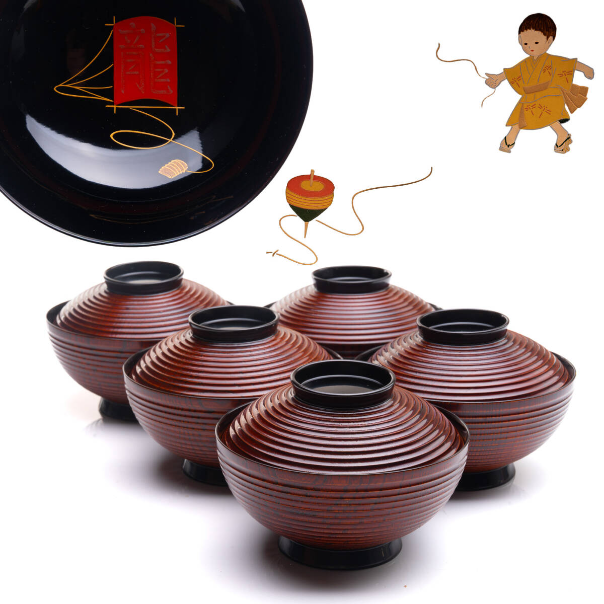 S-543 童子金蒔絵/煮物椀/五客/蒔絵師 信斉 塗師 松斉/共箱付/金蒔絵朱漆塗/茶懐石道具/漆器/美品 14×11cm拍卖