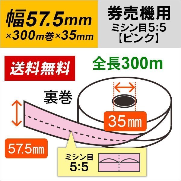 送料無料 芝浦 KA-Σ1シリーズ(KA-Σ164NNF/KA-Σ164KNF/KA-Σ164VNF) 対応 汎用券売機用ロール紙 裏巻 ピンク (ミシン目5:5) 150μ (5巻)拍卖