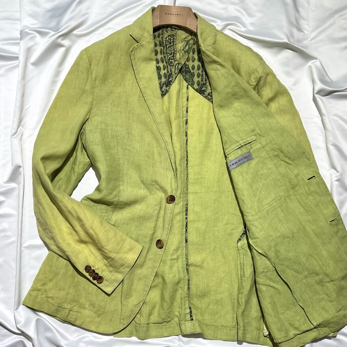 希少色!!! 希少XL!!! ETRO【小洒落た一着】エトロ テーラードジャケット アウター ペイズリー アンコン リネン100 ライムグリーン C05拍卖
