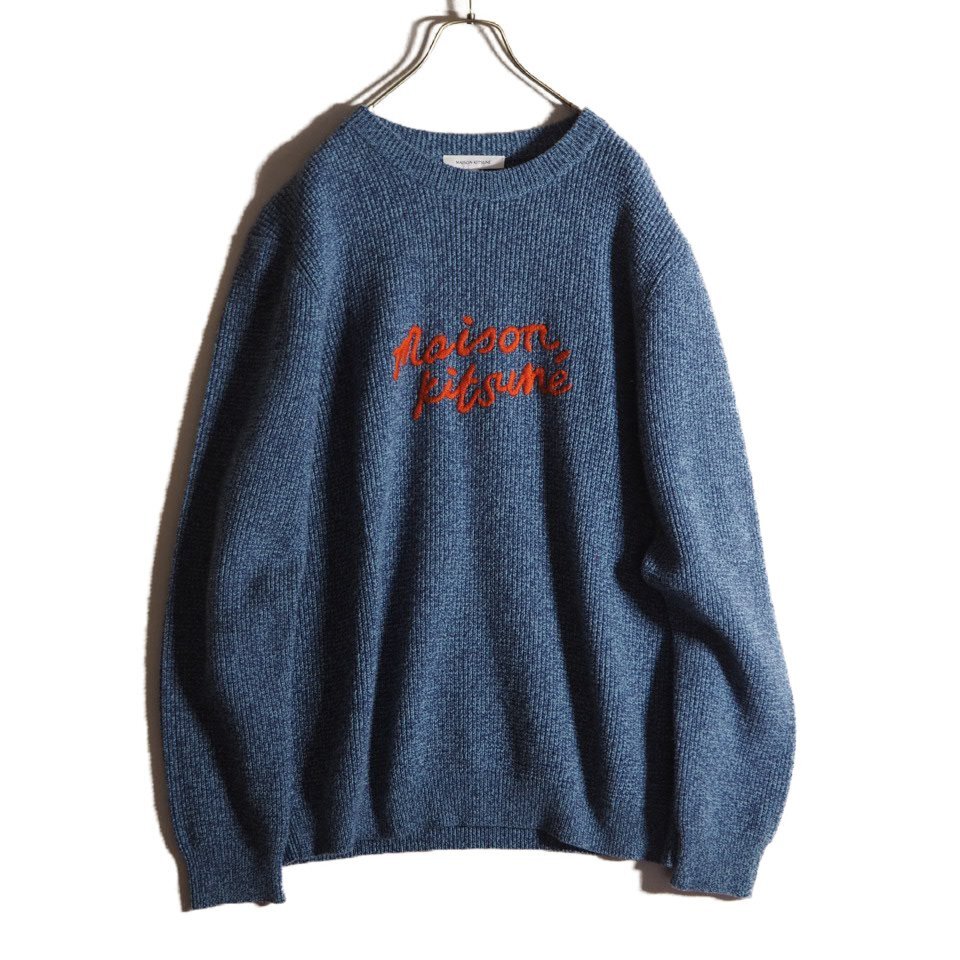 P4394f25 ■MAISON KITSUNE メゾンキツネ■ 23AW LM00814KT1063 刺繍入り クルーネック プルオーバーニット ブルーメランジ XL 秋冬拍卖