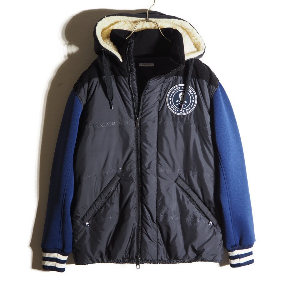 P9584f24 ■MARK&LONA マーク&ロナ■ MLM-PD-AD06 ボア フード付き 切り替え ダウンジャケット ブラック ブルー 48 / ゴルフ 秋冬拍卖