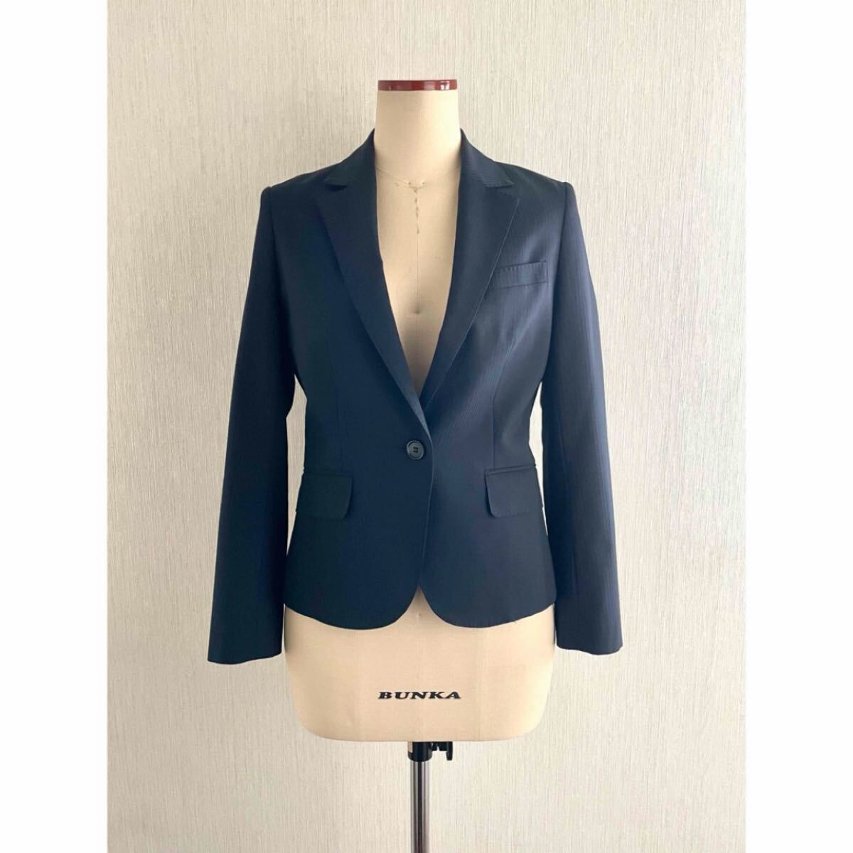 SUIT COMPANY She スーツカンパニー 洗える ウール ストレッチ テーラード ジャケット ネイビー 紺 ストライプ 春秋冬 38 S-M拍卖
