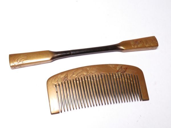 【12140】和装小物 大正~昭和 金地 牡丹 蒔絵 櫛笄(初品・買取品)拍卖