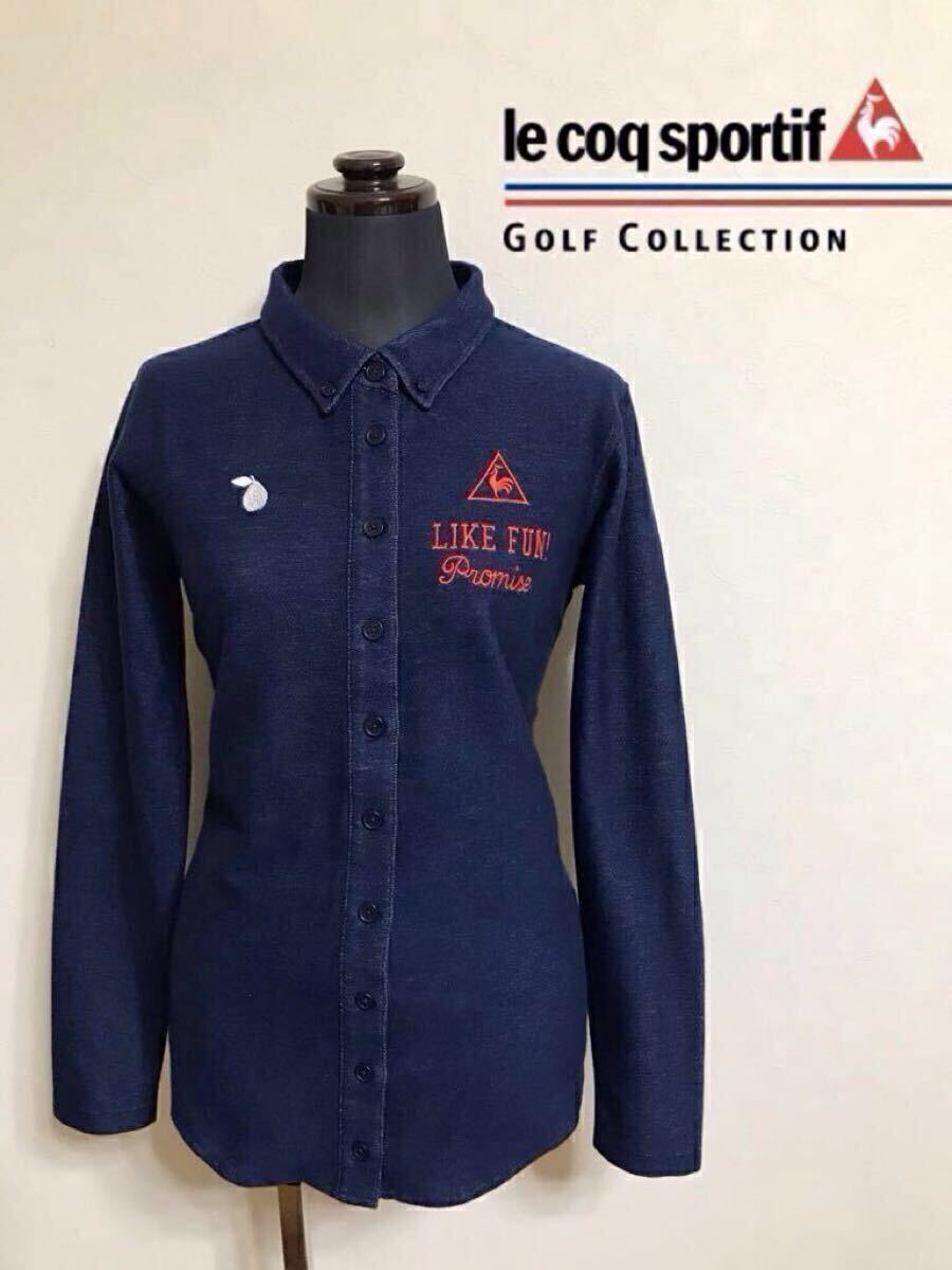 【美品】 le coq sportif GOLF ルコック ゴルフ レディース ボタンダウン シャツ トップス サイズL 長袖 ネイビー デサント製 QGL1422拍卖
