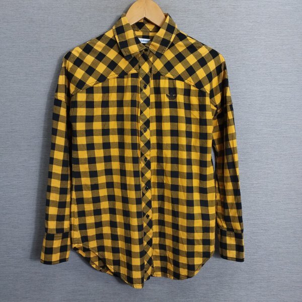 J493 adidas Originals アディダスオリジナルス 長袖 シャツ チェック 総柄 ギンガム ワンポイント トレフォイル ロゴ 刺繍 イエロー系 M拍卖