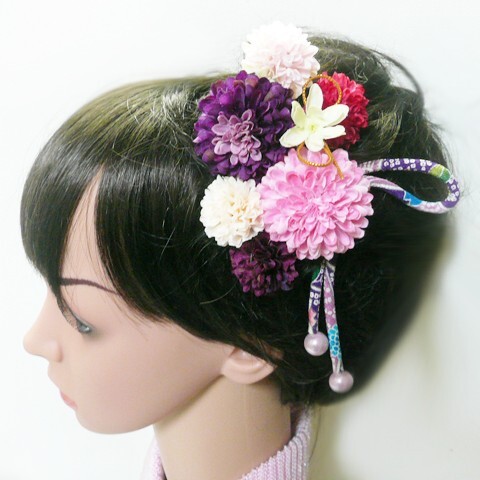 髪飾り 花 マムと小花 紫ピンク 結婚式 振袖 成人式 卒業式 袴 和装 着物 菊 (1)拍卖