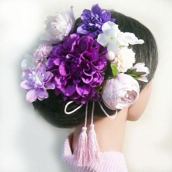 髪飾り 成人式 卒業式 花 ダリアpuとバラ菊他房付き 赤紫 結婚式 振袖 袴 着物 かんざし(1)(2)拍卖