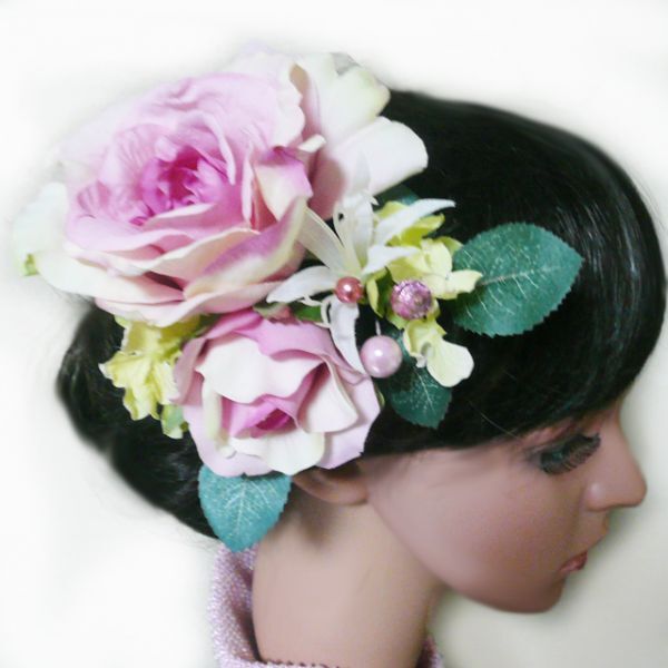 髪飾り 花 バラとユリ他 ピンク かんざし 結婚式 成人式 卒業式 ブライダル拍卖