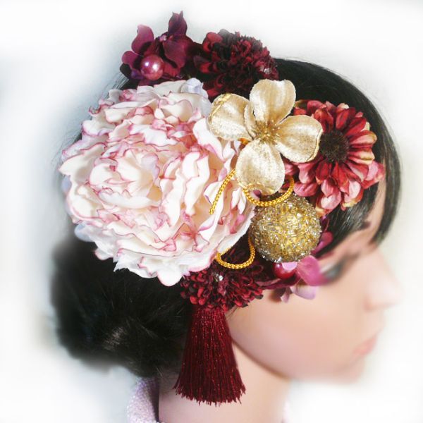 髪飾り 成人式 卒業式 結婚式 花 ピオニーcrとダリア花水木他 赤白ワイン金 振袖 袴 和装 着物 かんざし拍卖