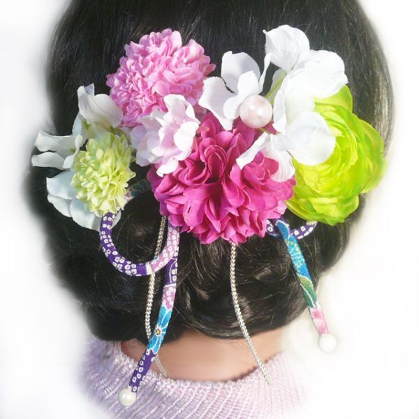 髪飾り 成人式 卒業式 結婚式 花 菊と桜とラナンキュラス ピンク緑白 振袖 袴 浴衣 和装 着物 マム拍卖