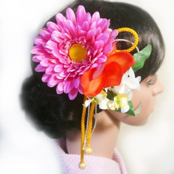 髪飾り 成人式 卒業式 結婚式 花 ガーベラとプルメリアピンク オレンジ 振袖 袴 浴衣 和装 着物(1)(2)拍卖