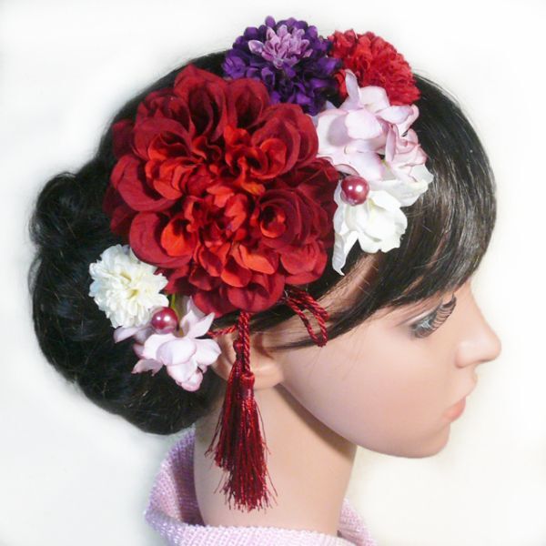 髪飾り 成人式 卒業式 結婚式 花 ダリアreとデルフィ菊房付 赤白紫ピンク 振袖 袴 浴衣 和装 着物 アートフラワー拍卖