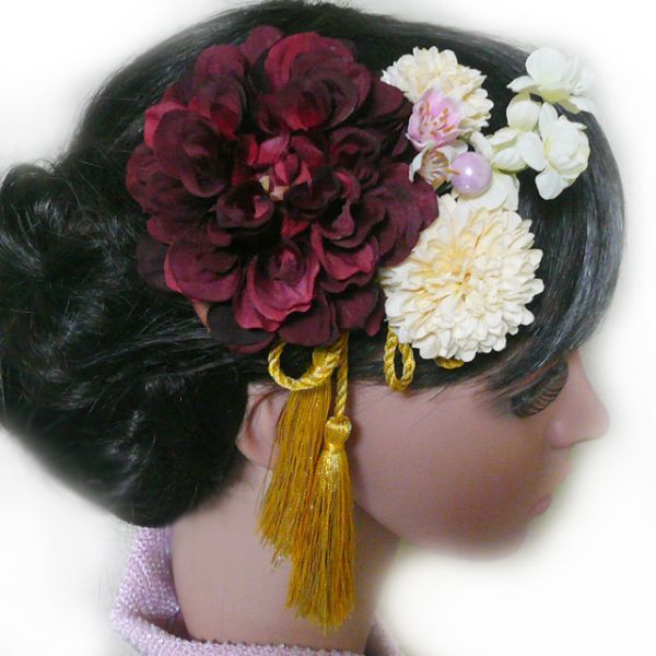 髪飾り 成人式 卒業式 結婚式 花 ダリアwと菊桜房付 ワイン 振袖 袴 浴衣 和装 着物 かんざし(1)(2)拍卖