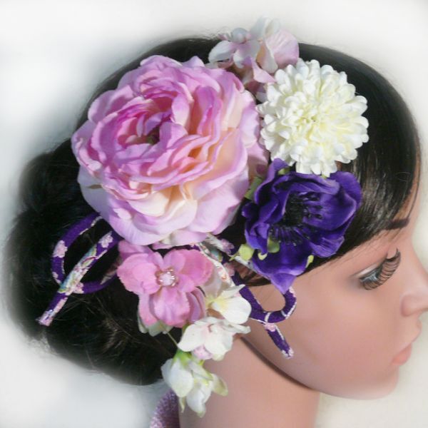 髪飾り 成人式 卒業式 花 金鳳花cpとアネモネ他和柄紐付 ピンク紫白 結婚式 振袖 袴 着物 かんざし拍卖