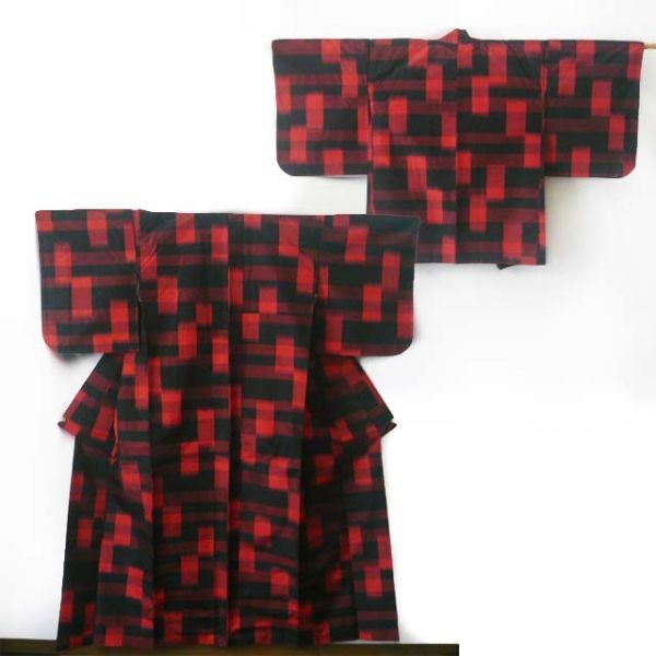 和装 着物 単衣 紬 正絹 アンサンブル 羽織 赤黒 仕立て上がり カジュアル お稽古 女性 ▽拍卖