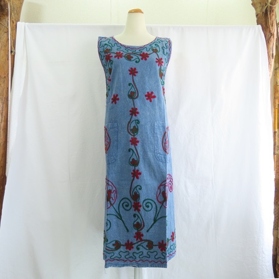 〓 新品 〓 エプロン ワンピース 〓 刺繍 エスニック アジアン インド綿 ドレス 家事 料理 掃除 ガーデニング おしゃれ 〓A090拍卖