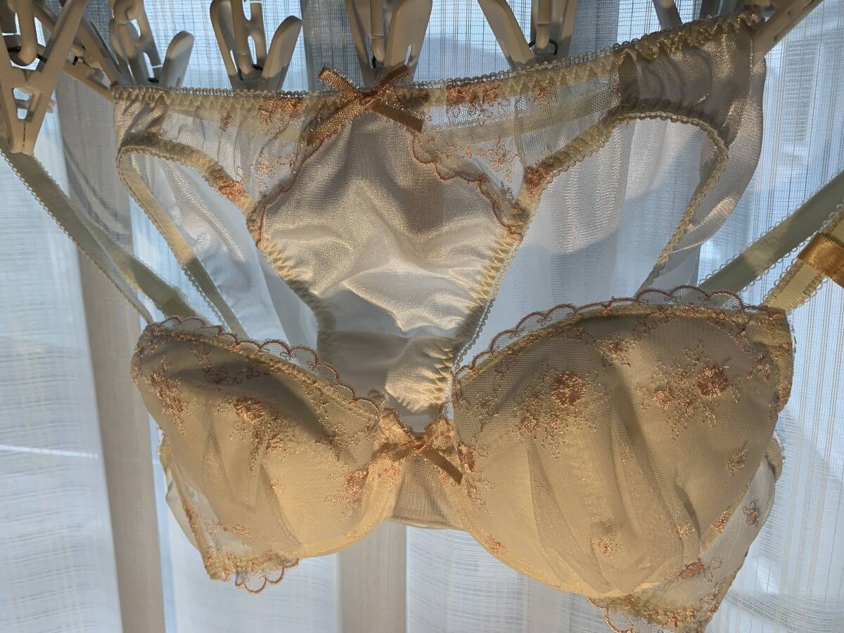 ☆♪☆艶々純白にピンク秋桜刺繍のトリンプのブラC75&ショーツセット♪新品タグ付☆♪☆拍卖