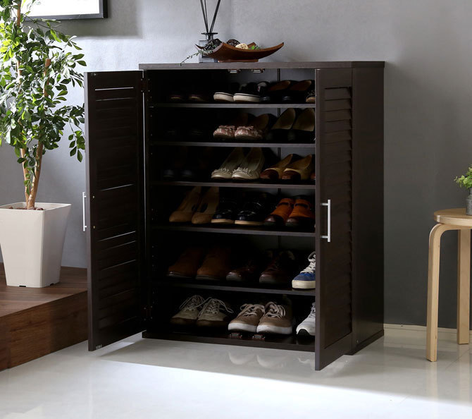 組立品 下駄箱 ルーバーシューズボックス75cm幅 ダークブラウン拍卖