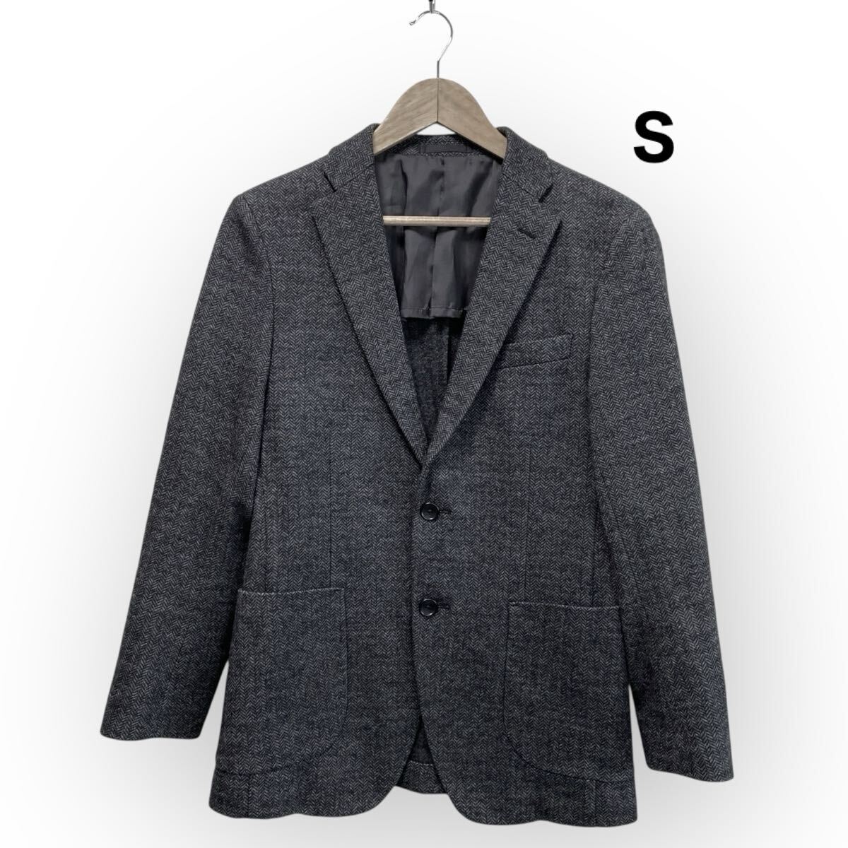 UNIQLO ユニクロ テーラードジャケット ブラック黒 長袖 ジャケット 秋冬 ウール混 メンズS ヘリンボーン拍卖