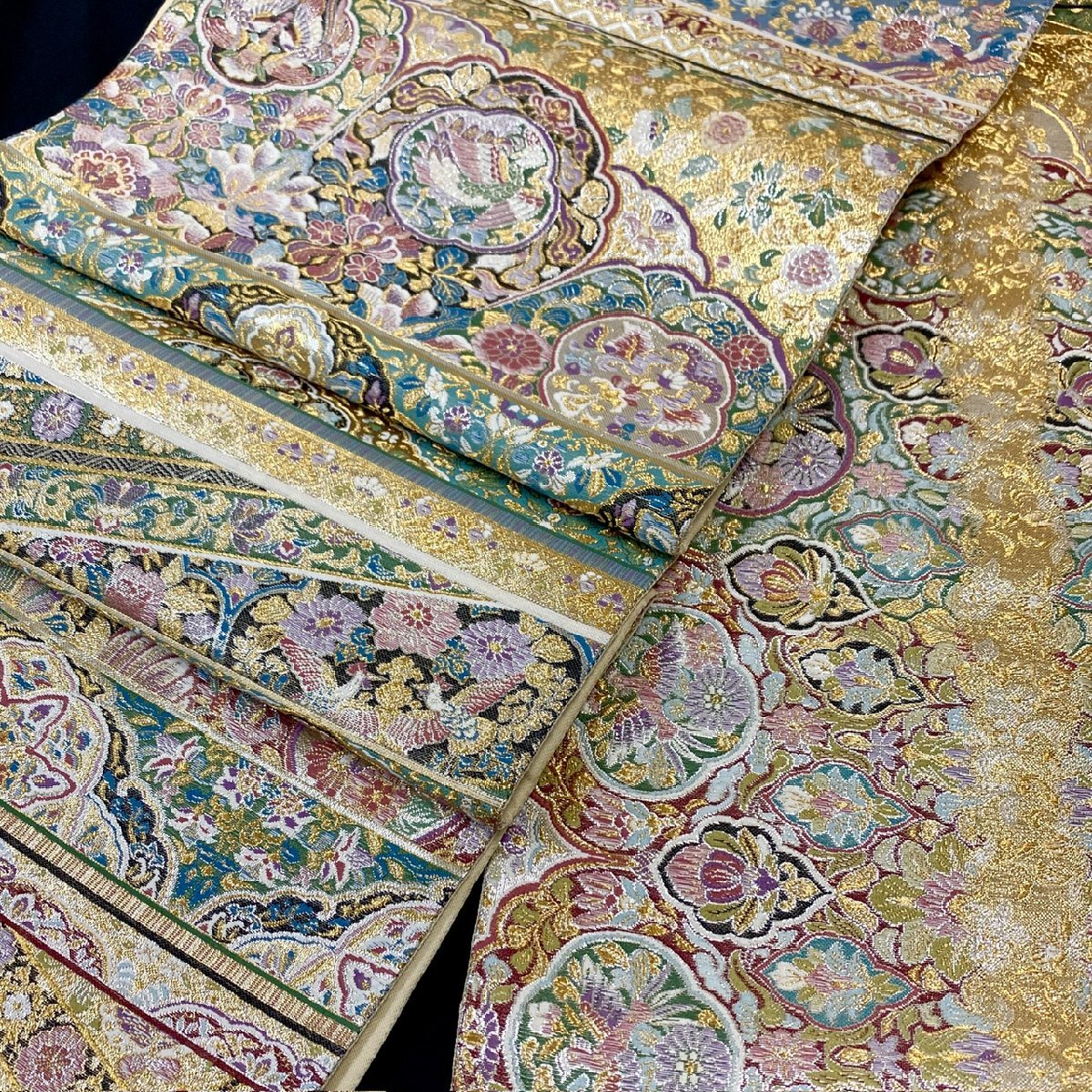 着物月花 プラチナ箔 装飾華鳥文様 袋帯 全通柄 正絹 金銀糸 ob7366拍卖
