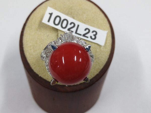 1002L23 本珊瑚 サンゴ 指輪ダイヤモンド付 刻印PT900 約12.1g拍卖