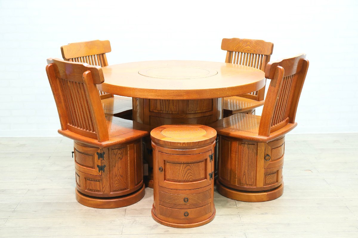 ■【I0711】★引き取り限定★高級★ケヤキ★欅★丸炉卓★ダイニング6点セット★囲炉裏テーブル★ダイニングセット★食卓★拍卖