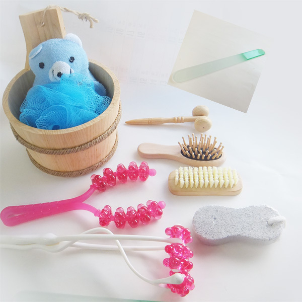 お風呂セット ブルー 泡立てネット ブラシ 木桶 ツボ押しローラー 等全10種セット拍卖