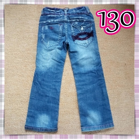 BEETS ジーンズ デニム ジーパン 130 ダメージ加工 ウォッシュ加工 フレアパンツ ワイドパンツ ベルボトム フラップ ポケット ビーツ 韓国拍卖