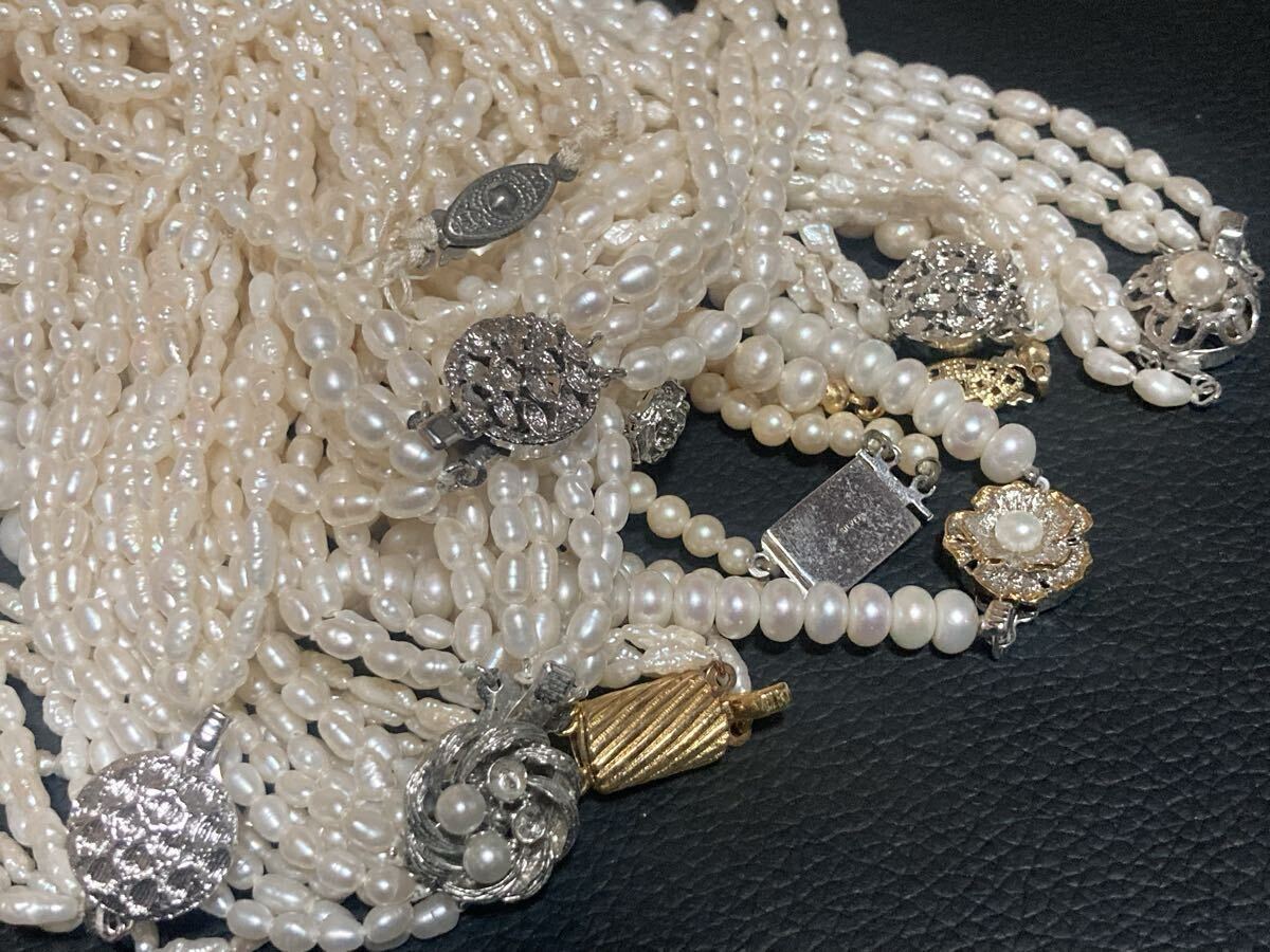 1円〜【真珠 ネックレス12本】まとめ売り 約466g◆淡水パール ライス型 ベビー◆3連 5連 10連◆SILVER刻印◆レディース アクセサリー拍卖